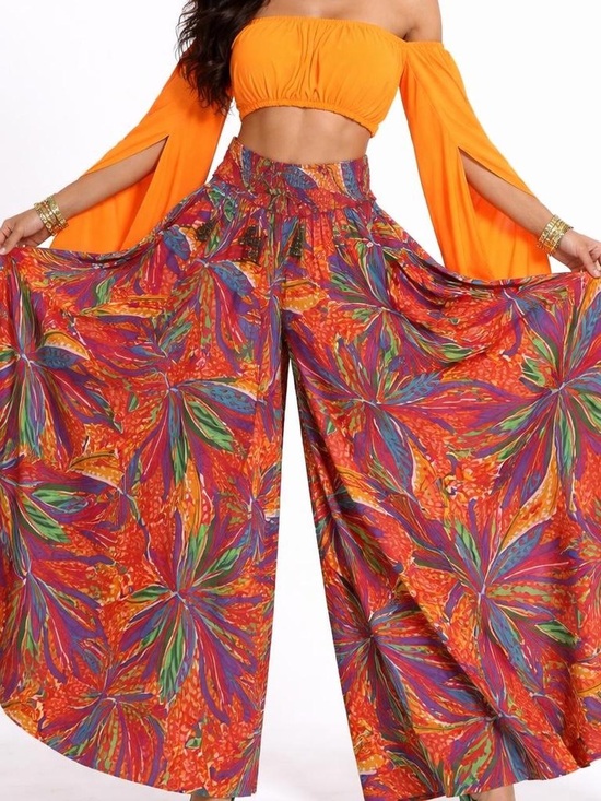 True Destinations Pants - True Destinations Tropical Vibrant Super Wide Leg Palazzo Pants